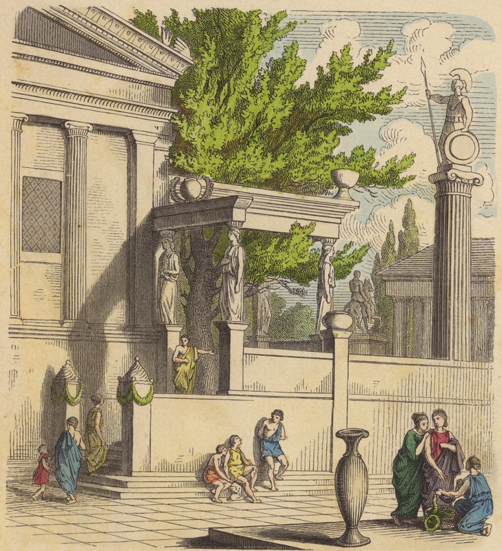 Det hellige oliventreet på Akropolis i Athen (farget gravering) av German School