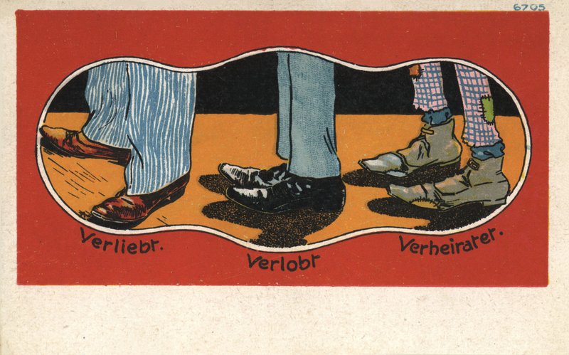 Stadiene av kjærlighet i sko (farge litho) av German School