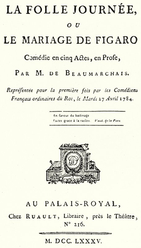 Tittelsiden fra skuespillet Figaros bryllup, av Pierre Beaumarchais, først fremført i 1784 (gravering) av German School