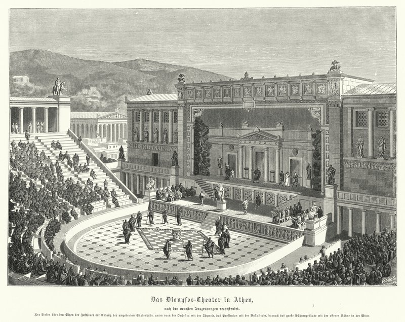 Theatre of Dionysus Eleuthereus, Athen, antikkens Hellas (gravering) av German School