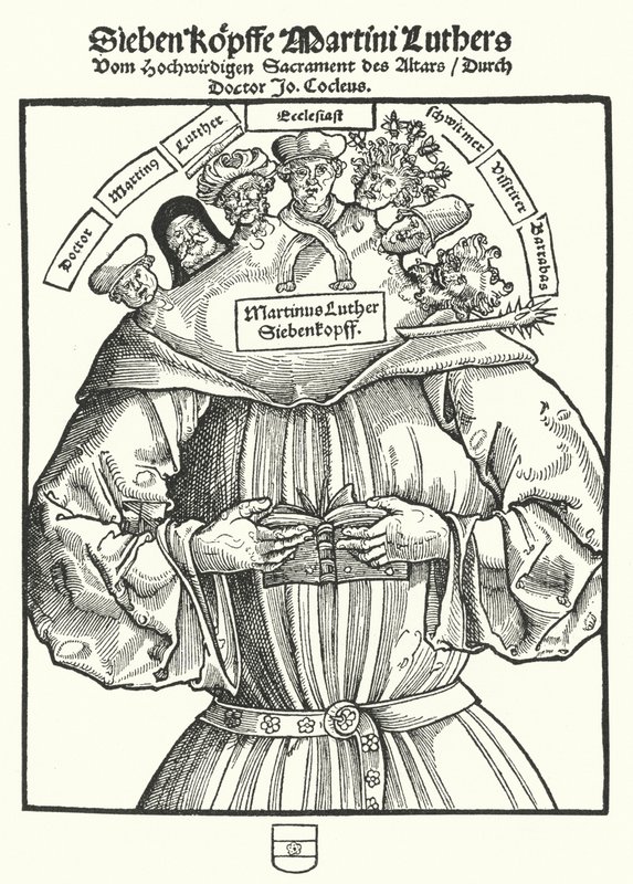 Tittelsiden til brosjyren The Seven Heads of Martin Luther av John Cochlaeus av German School