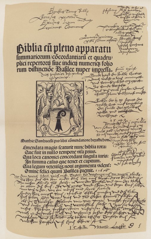 Tittelside fra Martin Luthers bibel (farge litho) av German School