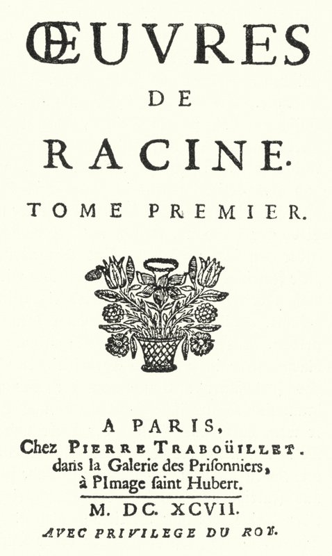 Tittelside fra en utgave av det første bindet av de komplette verkene til Jean Racine, utgitt i 1697 (gravering) av German School