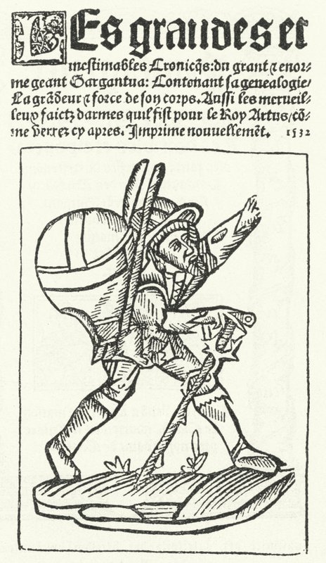 Tittelside fra den mest kjente utgaven av Gargantua, en roman av Francois Rabelais (gravering) av German School