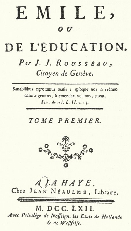 Tittelside fra den første utgaven av Emile av Jean-Jacques Rousseau, utgitt i 1762 (gravering) av German School