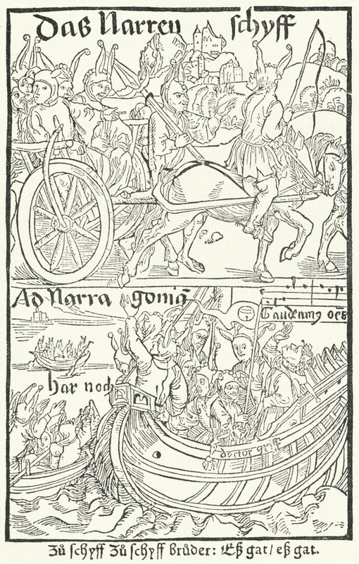 Tittelside fra den første utgaven av Sebastian Brants Fools Ship, trykt av Johann Bergmann von Olpe i Basel i 1491 (gravering) av German School