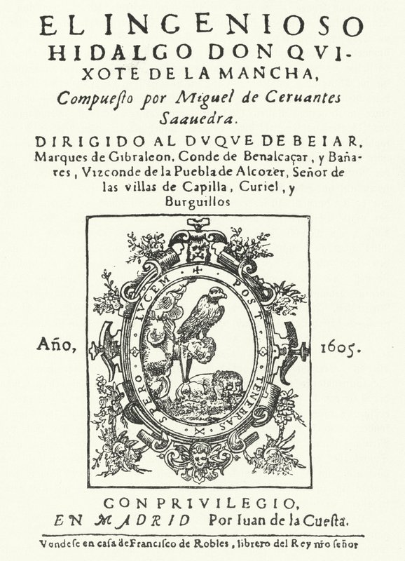 Tittelside fra den første utgaven av romanen Don Quixote, av Miguel de Cervantes (gravering) av German School