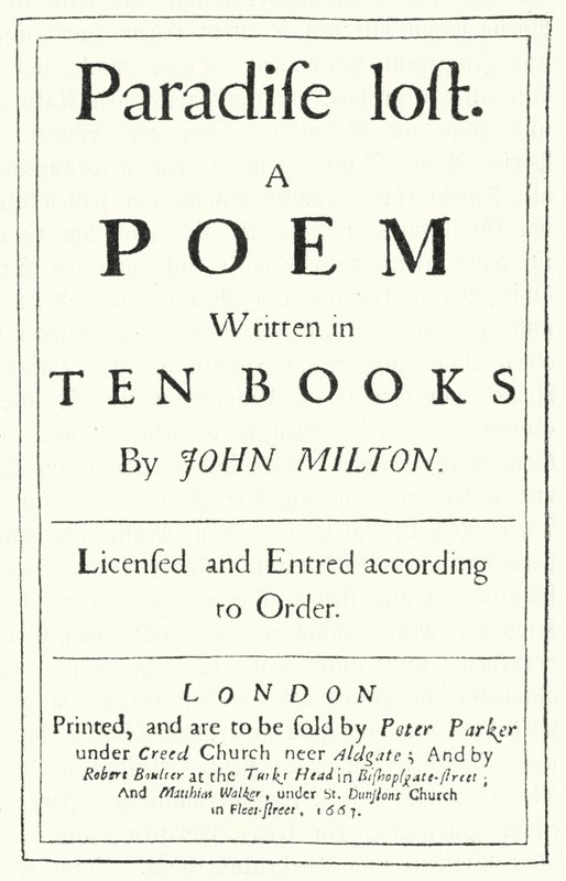 Tittelside fra den originale utgaven av Paradise Lost av den engelske poeten John Milton, utgitt i 1667 (gravering) av German School