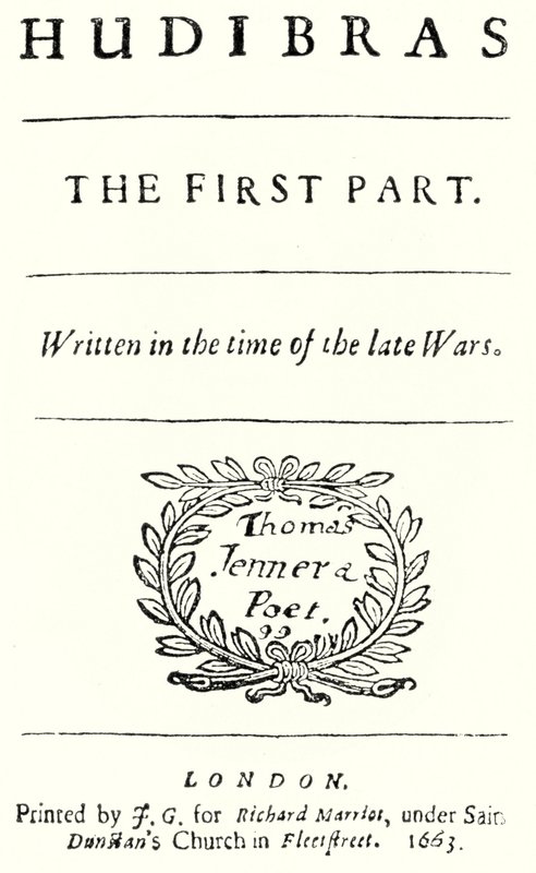 Tittelside fra det satiriske diktet Hudibras av den engelske poeten Samuel Butler, utgitt i 1663 (gravering) av German School