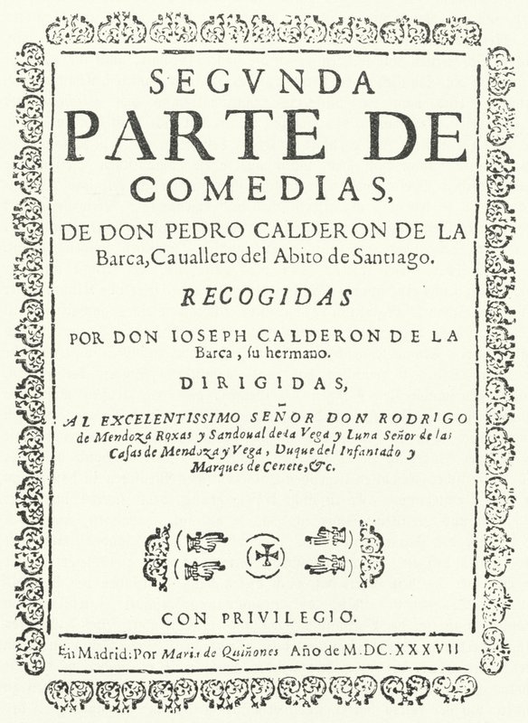Tittelside fra det andre av fire bind av Comedias of Calderon, utgitt i 1637 (gravering) av German School