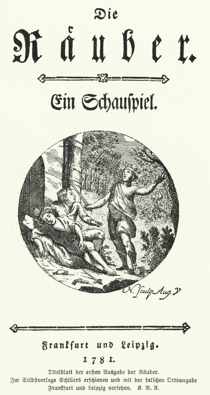 Tittelside til den første utgaven av Friedrich Schillers skuespill Die Rauber (Røverne) av German School