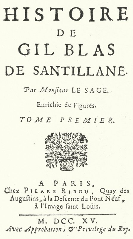 Tittelside til den første utgaven av Gil Blas av den franske romanforfatteren og dramatikeren Alain-Rene Lesage, utgitt i 1715 (gravering) av German School