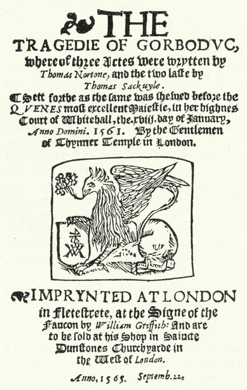 Tittelside til den første utgaven av The Tragedie of Gorboduc (1565), av Thomas Norton og Thomas Sackville (gravering) av German School