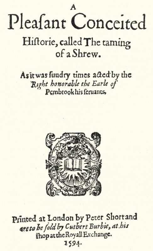 Tittelside til den første utgaven av Shakespeare-komedien The Taming of the Shrew (gravering) av German School