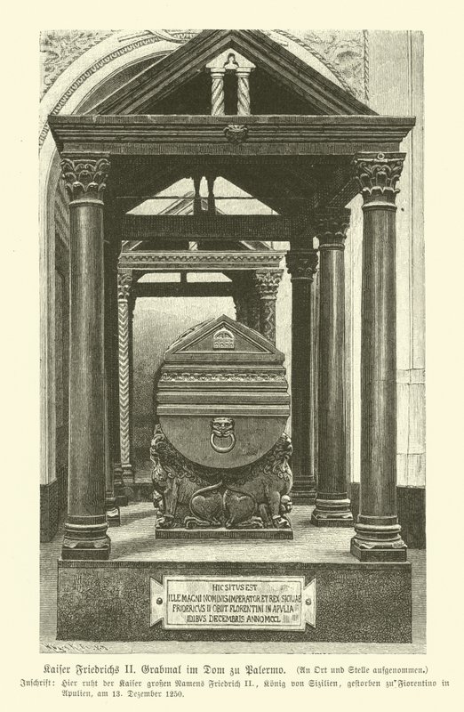 Graven til Frederick II, den hellige romerske keiseren, i Palermo katedral, Sicilia (gravering) av German School