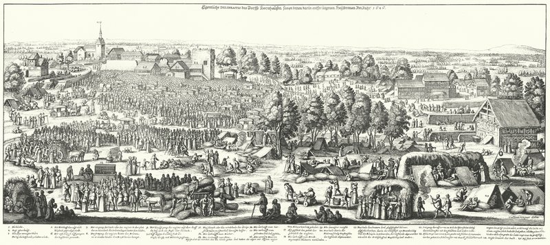 Reisende som besøker de helbredende kildene i landsbyen Hornhausen, 1646 (gravering) av German School