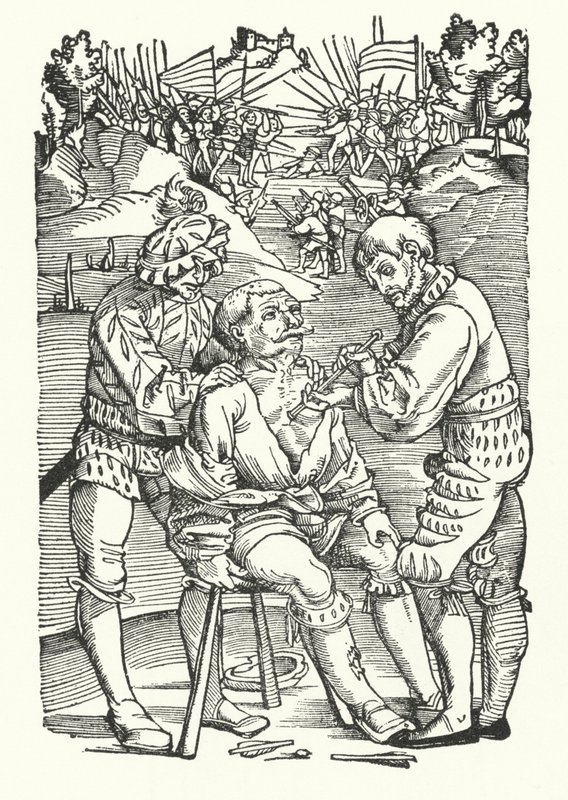 Behandle en såret soldat på slagmarken (gravering) av German School