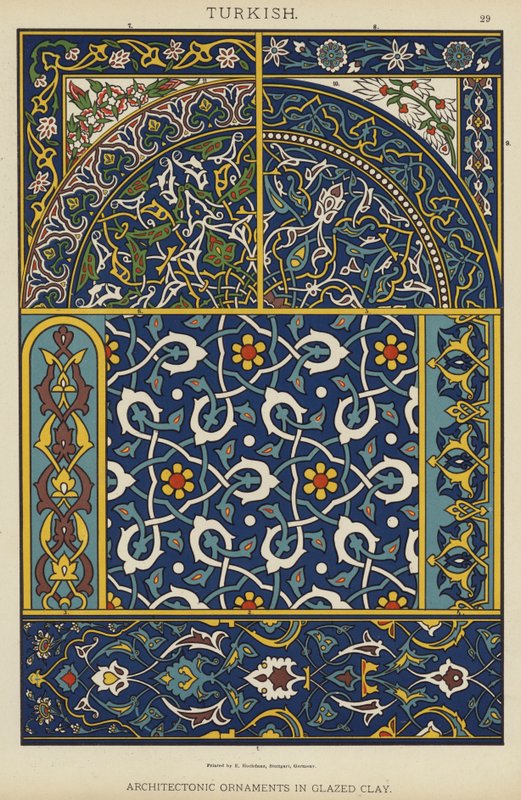 Tyrkiske, arkitektoniske ornamenter i glassert leire (litho-farge) av German School