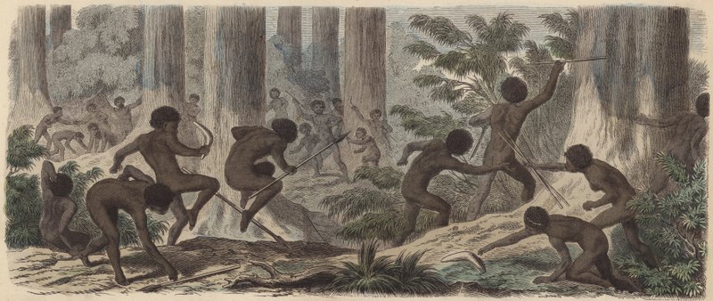 To stammer av australske aboriginer kjemper (farget gravering) av German School