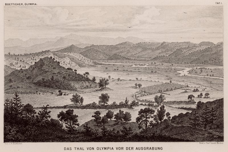 Valley of Olympia, Hellas, før arkeologiske utgravninger (gravering) av German School