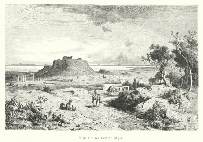Utsikt over Athen, Hellas, sent på 1800-tallet (gravering) av German School