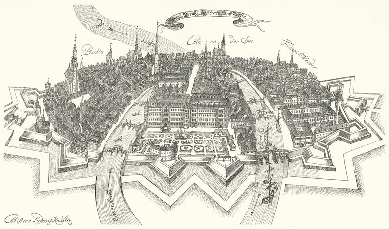 Utsikt over Berlin fra det 17. århundre (gravering) av German School