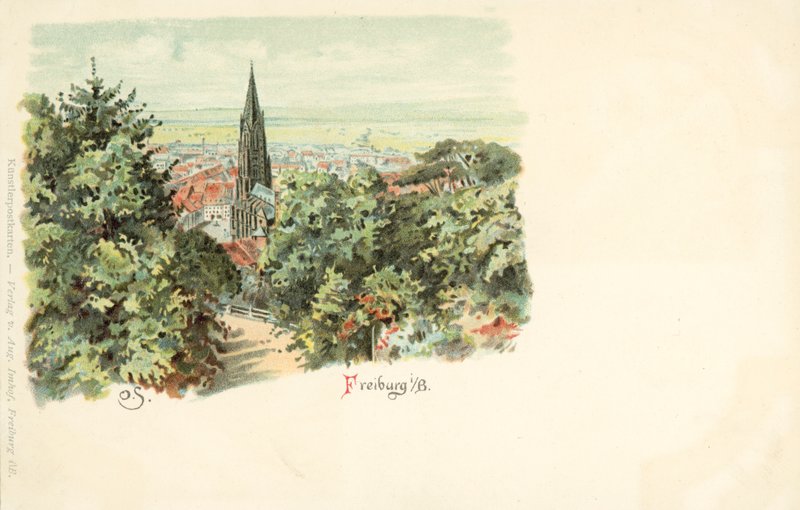 Utsikt over byen Freiburg, Tyskland, med katedralen (chromolitho) av German School