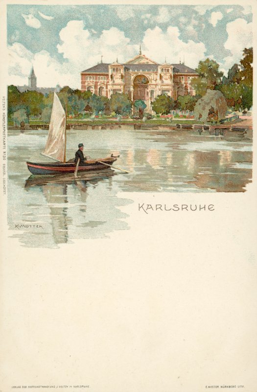 Utsikt over byen Karlsruhe i Tyskland (chromolitho) av German School