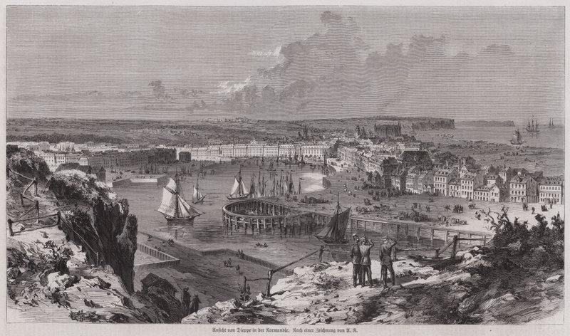 Utsikt over havnen i Dieppe, Normandie, Frankrike (gravering) av German School