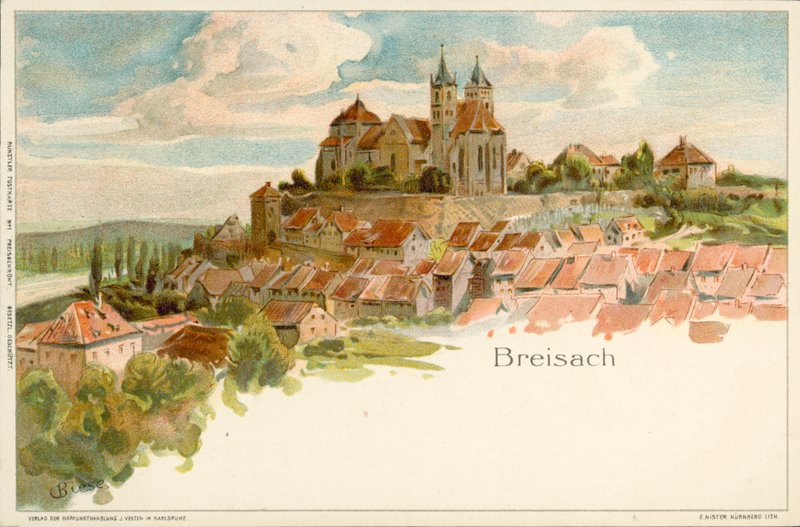 Utsikt over byen Breisach, Tyskland (chromolitho) av German School