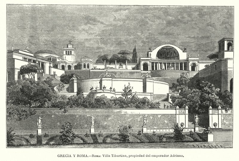 Villa til den romerske keiseren Hadrian, Tivoli, Italia (litho) av German School