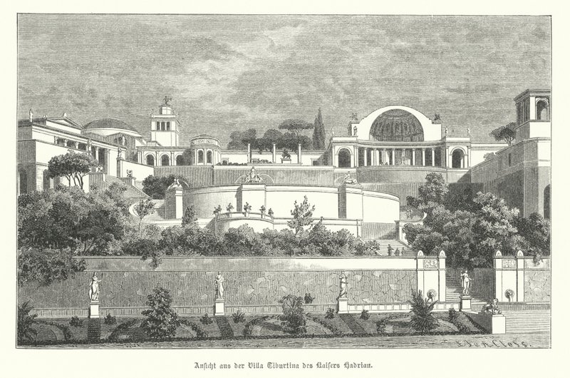 Villa til den romerske keiseren Hadrian i Tivoli, Italia (gravering) av German School