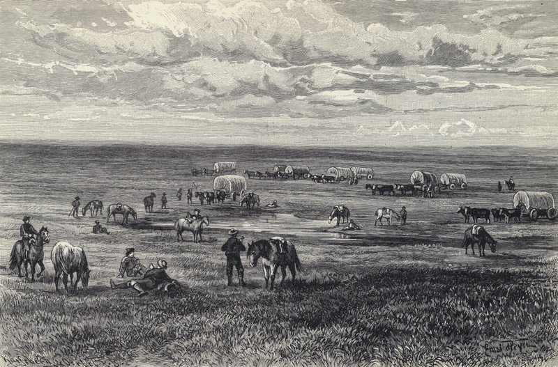 Vogntog på præriene i South Dakota, USA (litho) av German School