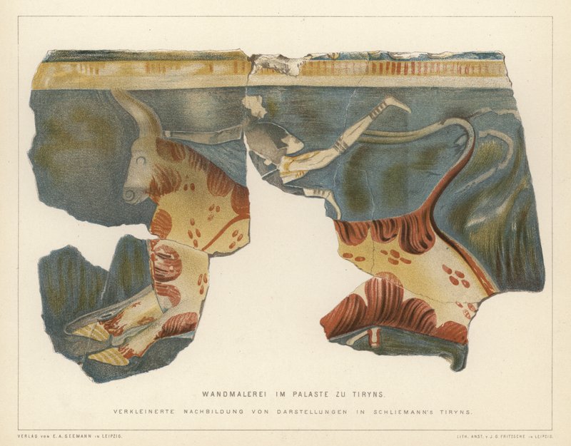 Veggmaleri fra det mykenske palasset i Tiryns, Hellas, gravd ut av den tyske arkeologen Heinrich Schliemann (farge litho) av German School