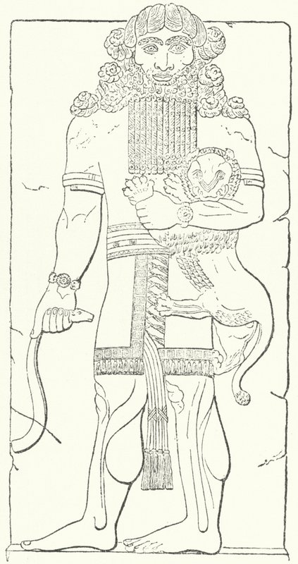Veggrelieff av Gilgamesh fra ruinene av Dur-Sharrukin, hovedstaden til assyrerne på kong Sargon IIs tid (gravering) av German School
