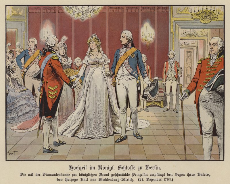Bryllup av kronprins Frederick William av Preussen og prinsesse Louise av Mecklenburg-Strelitz i det kongelige palasset, Berlin, 24. desember 1793 (farge litho) av German School