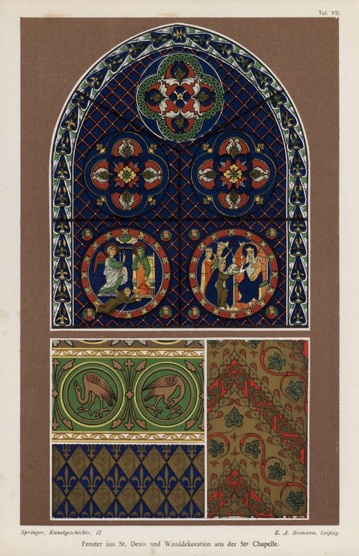 Vindu fra basilikaen St Denis og veggdekorasjon fra Sainte-Chapelle, Paris, Frankrike (farge litho) av German School