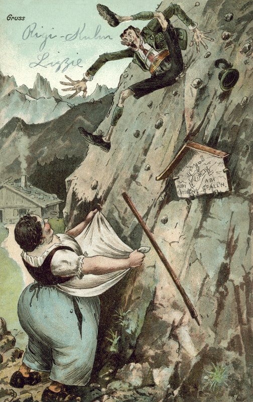 Kvinne som fanger mann som faller fra fjellet (farge litho) av German School