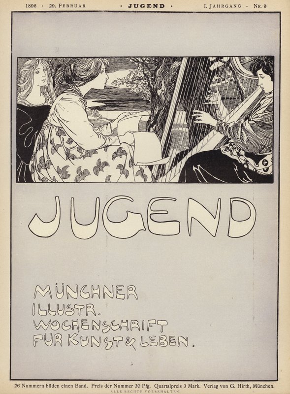 Kvinne spiller harpe (litho) av German School