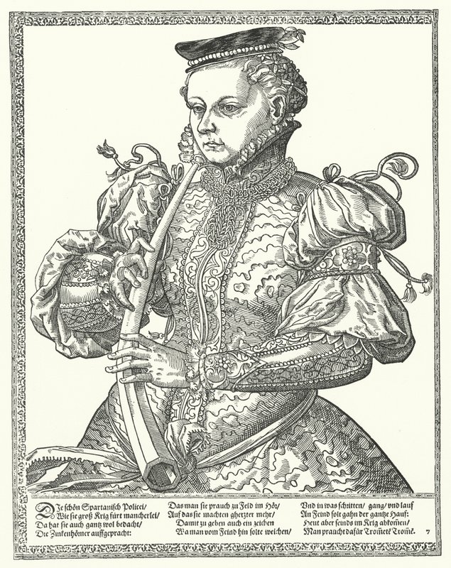 Kvinne som spiller et horn (gravering) av German School