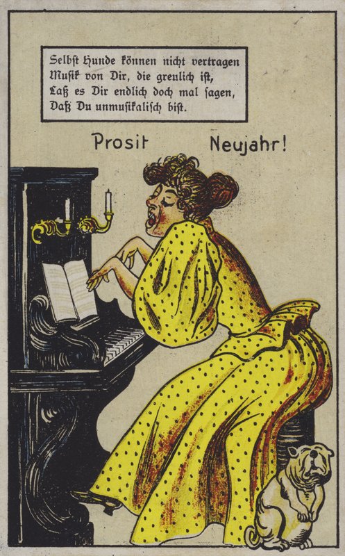 Kvinne som spiller piano på en svært uttrykksfull måte, til en hunds uro (farge litho) av German School