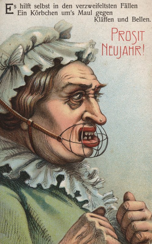 Kvinne med et bur rundt munnen (farge litho) av German School