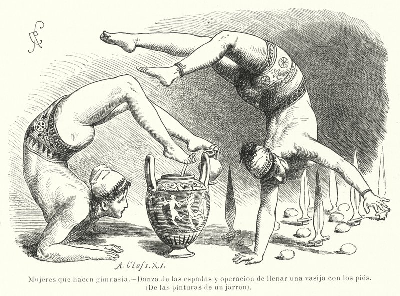 Kvinner som utfører gymnastikk i antikkens Hellas: sverddans og fylle et kar med føttene (litho) av German School