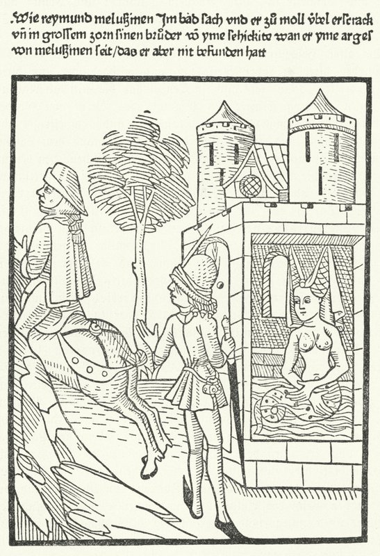 Tresnitt som viser en scene fra legenden om Melusine av German School