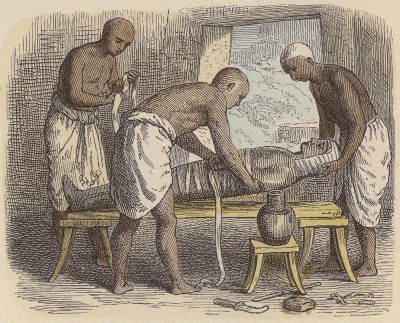 Pakke inn en mumie i det gamle Egypt (farget gravering) av German School