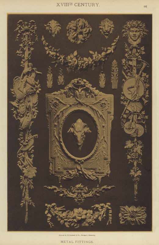 XVIIIth Century, metallbeslag (farge litho) av German School