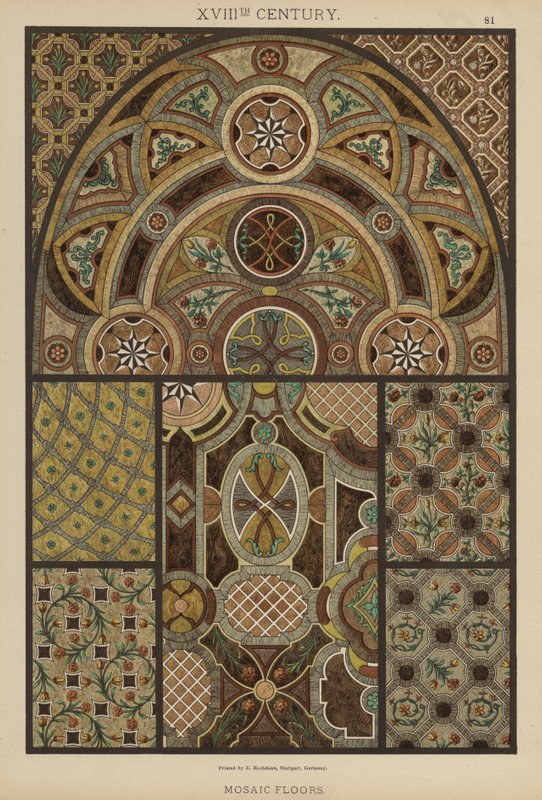 XVIIIth Century, Mosaikkgulv (farge litho) av German School