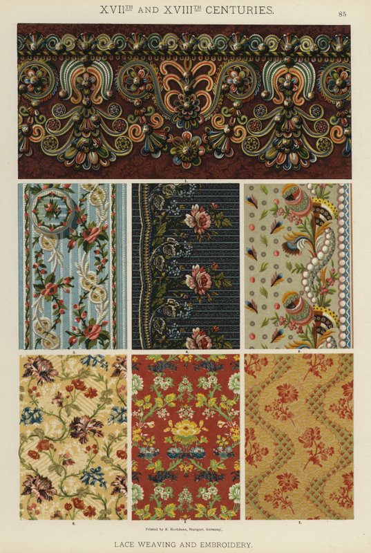 XVII. og XVIII. århundre, blondeveving og broderi (farge litho) av German School