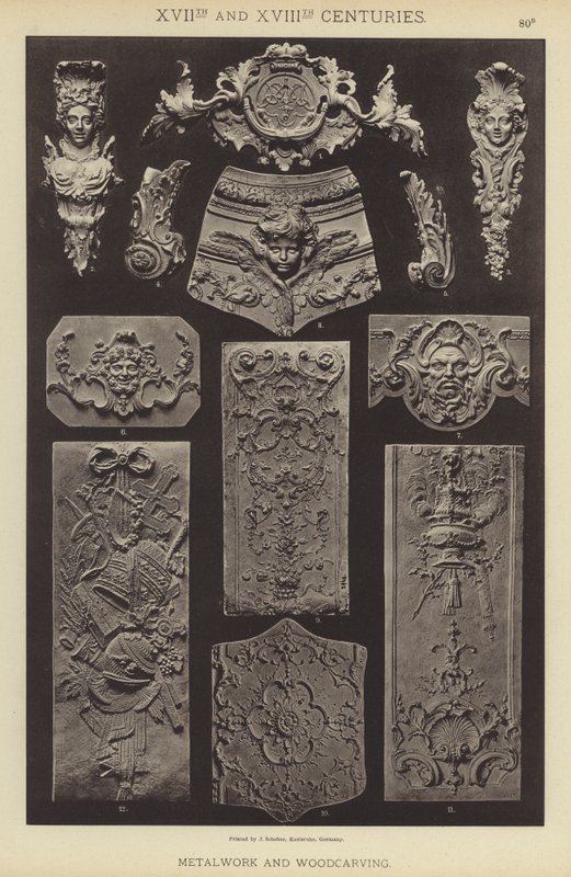 XVII. og XVIII. århundre, metallarbeid og treskjæring (farge litho) av German School