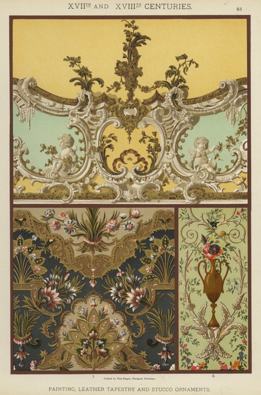 XVII. og XVIII. århundre, maleri, lærteppe og stukkaturer (farge litho) av German School
